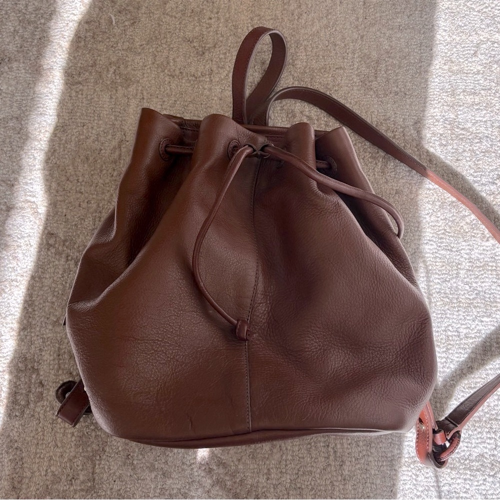 Brown Leather Drawstring Backpack